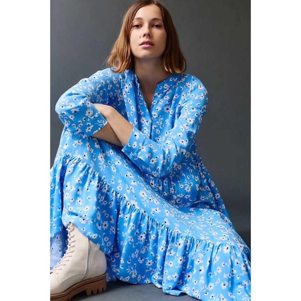 Anthropologie x MARE MARE Blue Floral Lynda Tiered Maxi Dress ~ Large